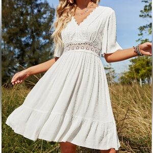 Lishly white flounce sleeve Swiss dot fit and flare lace dress size small